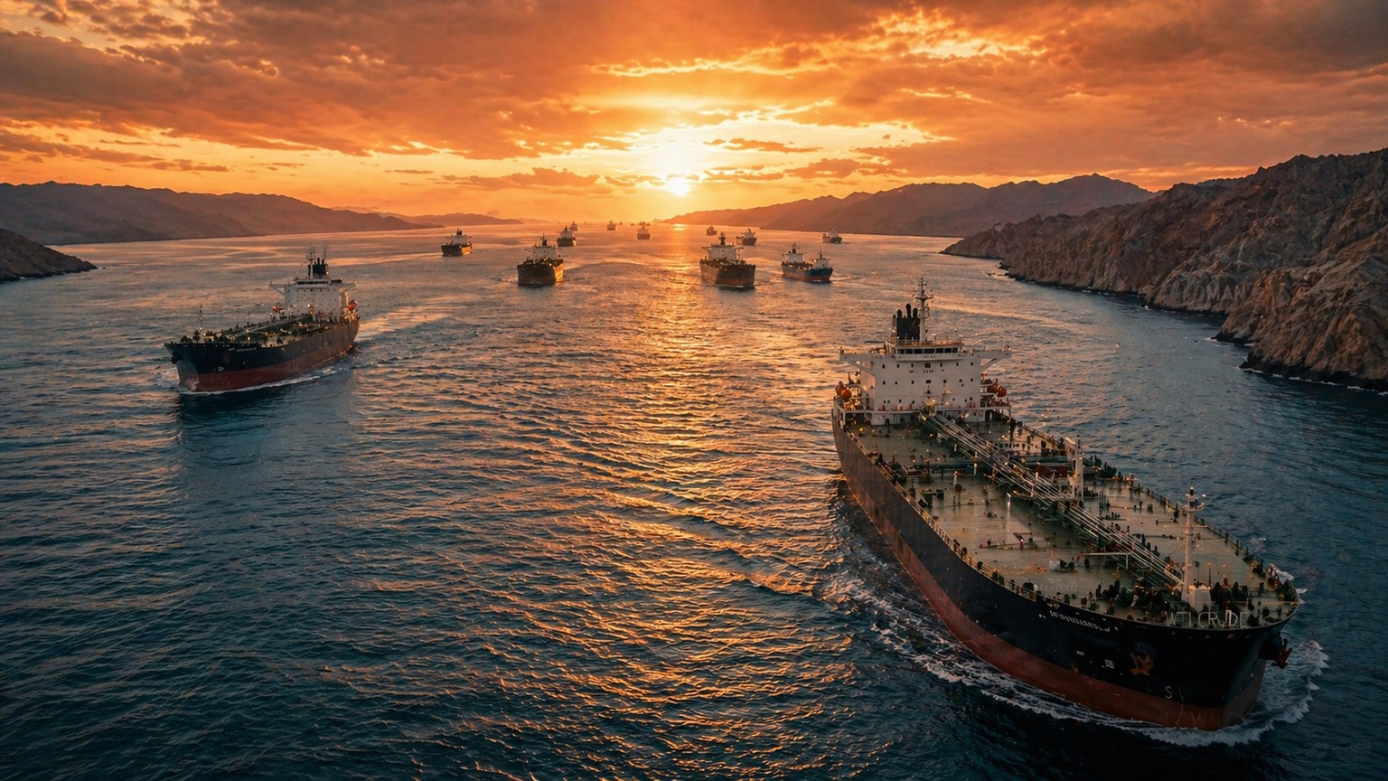 Photorealistic editorial thumbnail showing oil tankers moving through a narrow maritime channel at sunset.