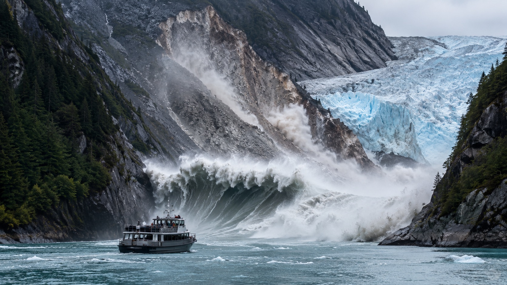 AI-generated photorealistic editorial image of a narrow Alaskan fjord at dawn after a landslide-generated megatsunami near blue glacier ice.