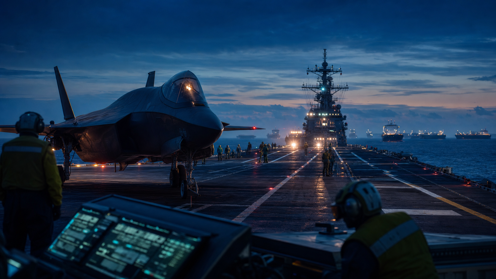 U.S. carrier deck at blue hour with a stealth aircraft, deck crew, command screens and distant ship lights.