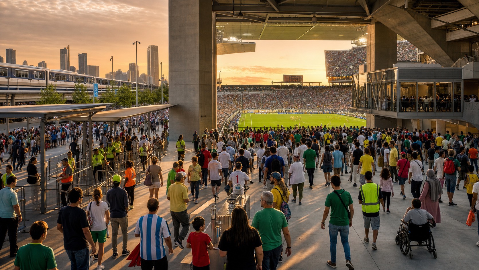 A diverse World Cup crowd moving through a stadium concourse at dusk, with transit signs, a train, and the pitch beyond