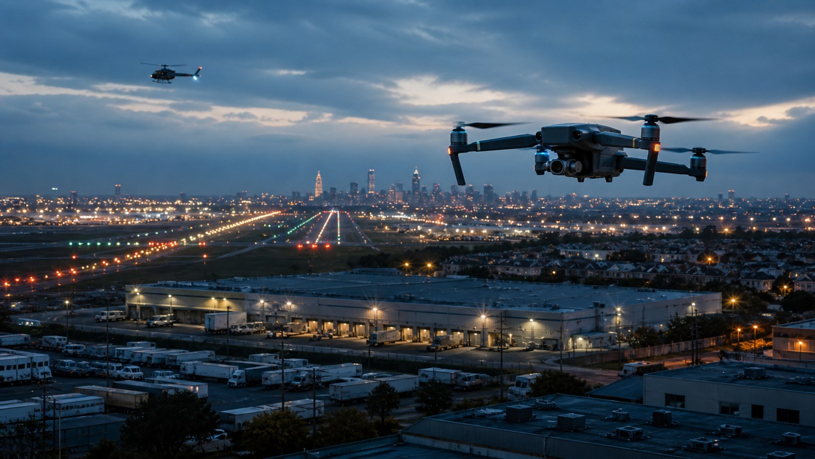 Commercial drone flying over an airport approach corridor, city rooftops and low-altitude logistics infrastructure at blue hour