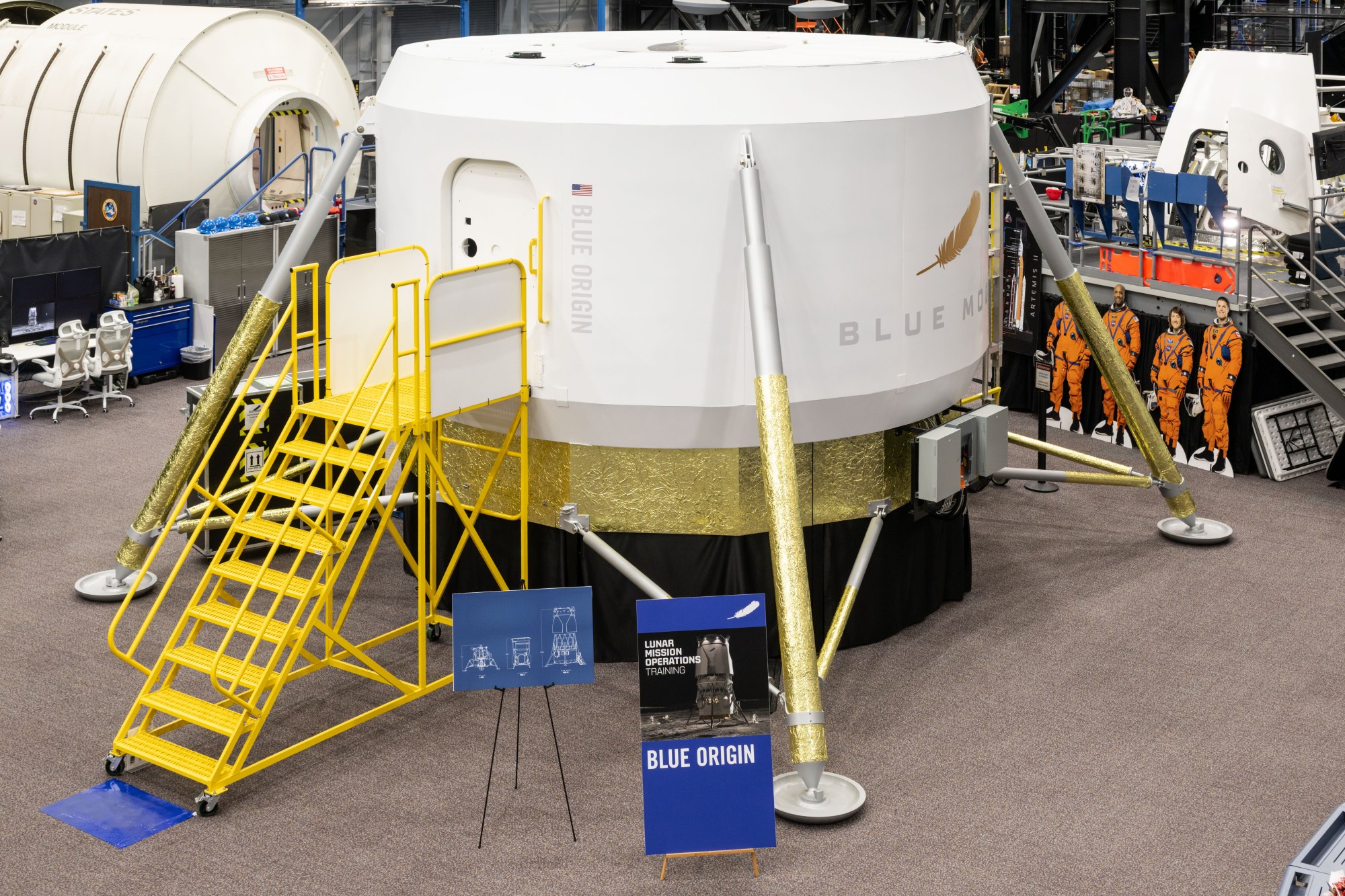 Blue Origin Blue Moon Mark 2 crew cabin trainer inside NASA Johnson Space Center.