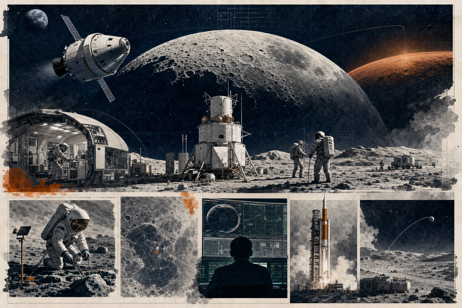 Editorial collage of Artemis lunar infrastructure, Orion-like spacecraft, mission control, and a distant Mars horizon.