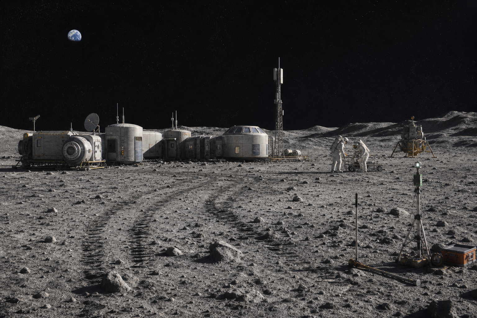 Generated editorial image of a restrained future Artemis lunar south pole worksite with habitats, rover tracks, astronauts, and instruments.
