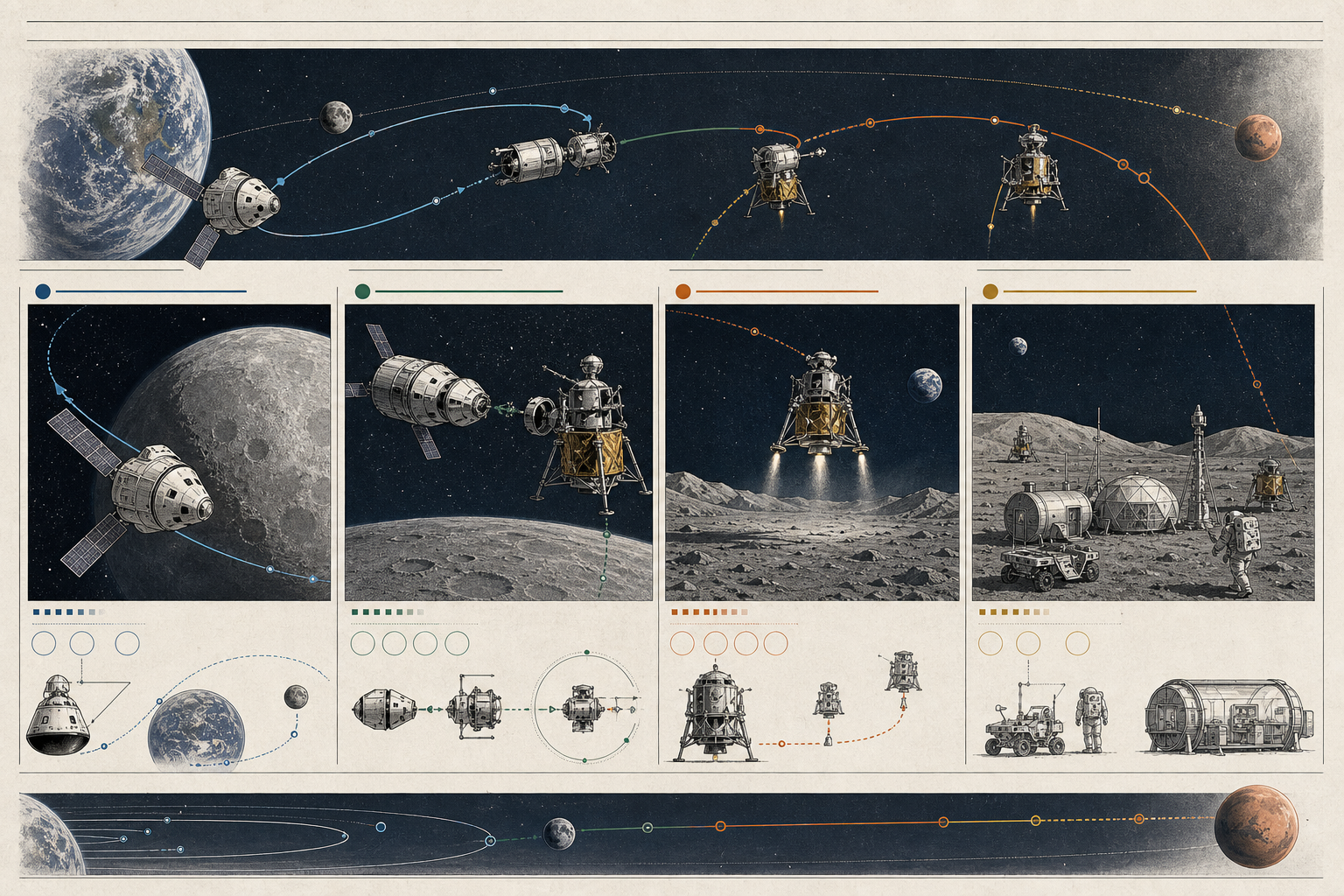 Editorial technical roadmap panel showing Artemis II, Artemis III, Artemis IV, Artemis V, and Mars as linked mission beats.