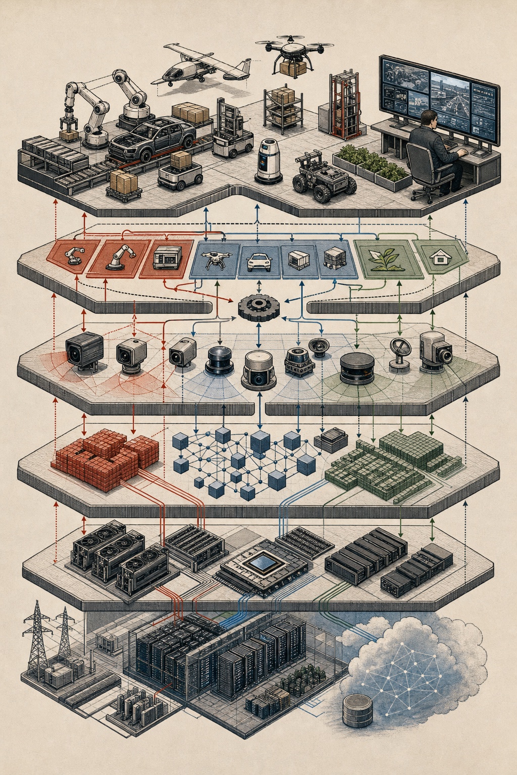 Exploded technical illustration of automation layers from data centers and chips to sensors, models, robots, vehicles, drones, and human oversight.