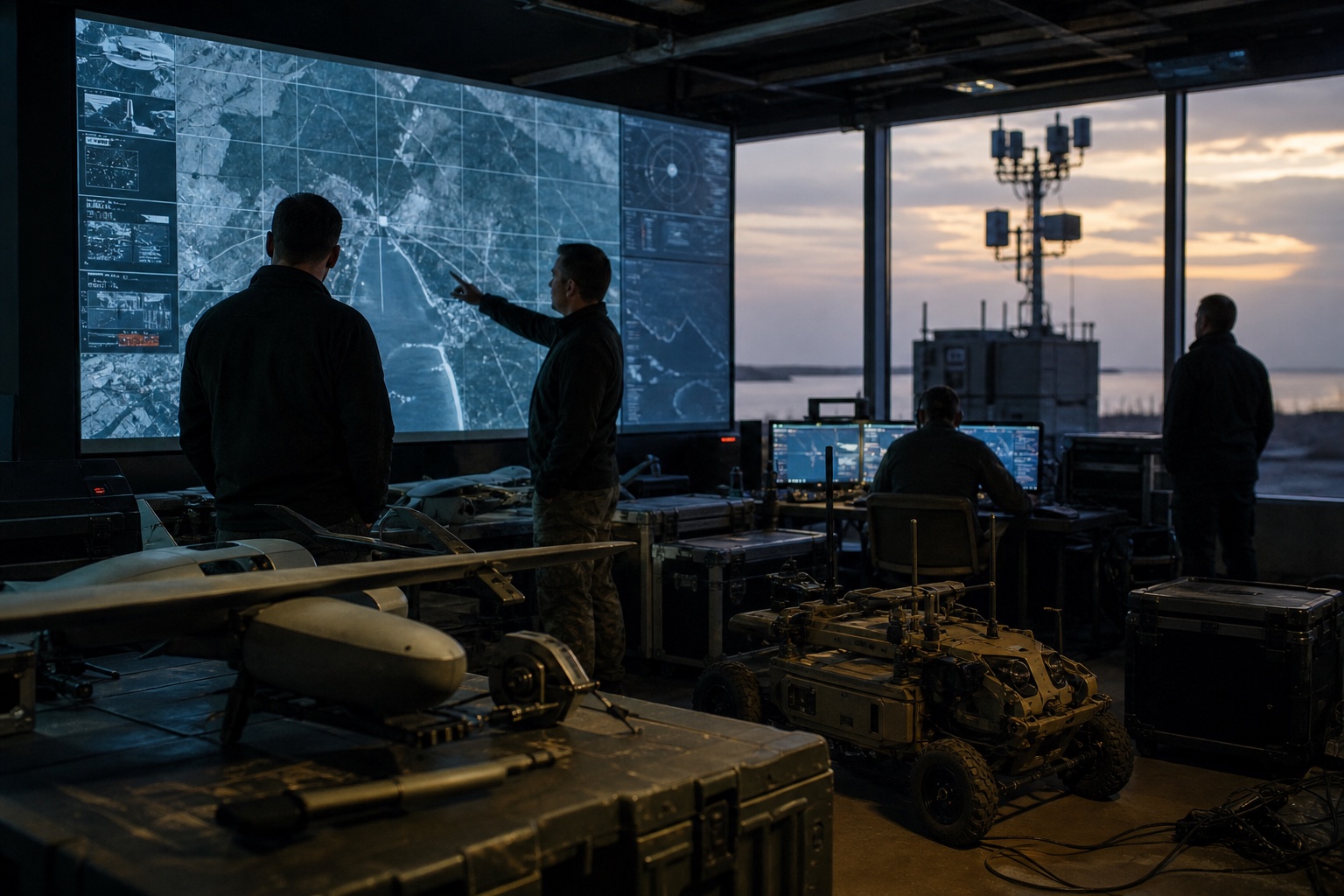 Defense operations room with unmanned systems on benches, coastal map screens, and a counter-drone sensor mast outside.