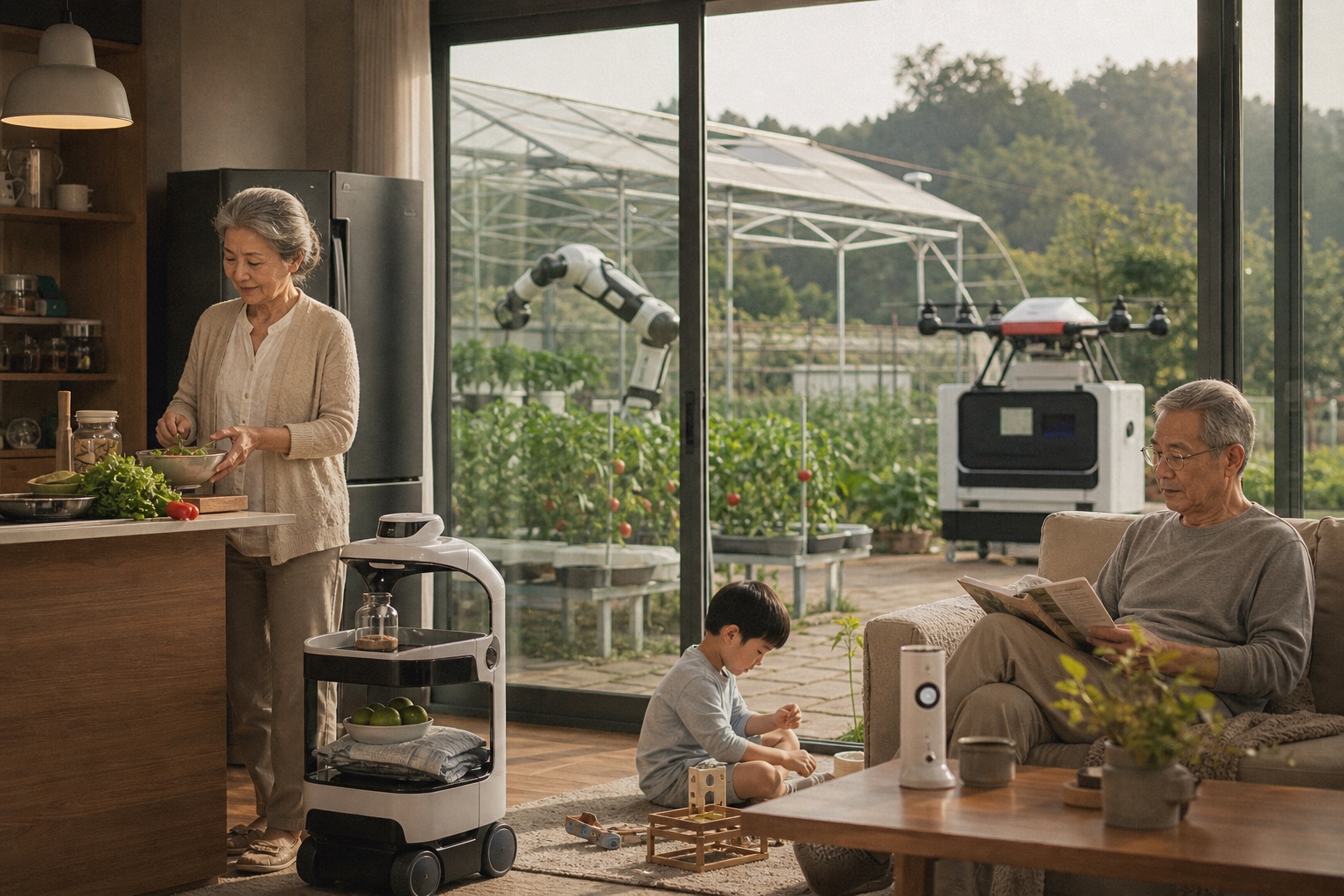 Home service robot inside a kitchen and automated greenhouse robots visible through glass doors.