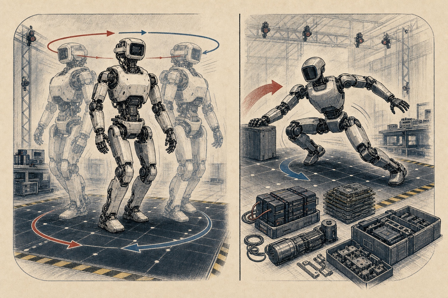 Technical newspaper illustration comparing a humanoid robot torso rotation sequence with a compact agile humanoid robot stance.