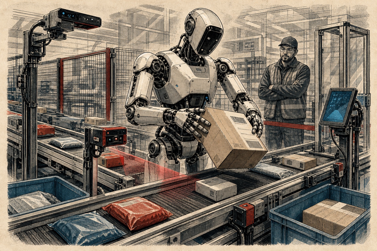 Illustrated humanoid robot sorting packages on conveyors with scanners and a human supervisor.