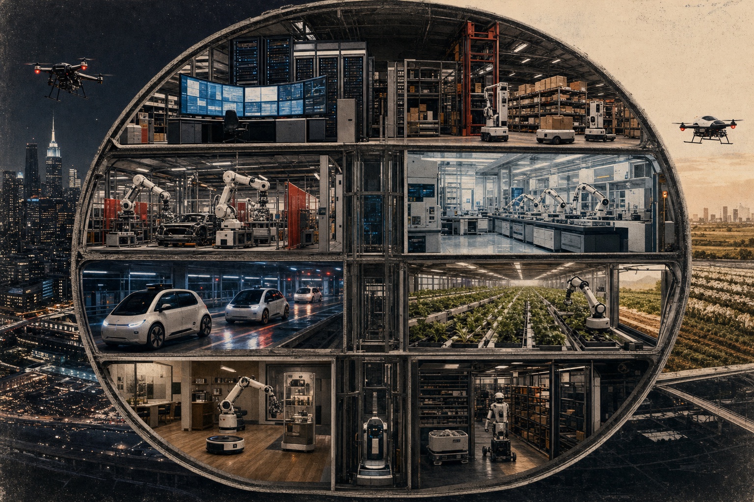 Cross-section image of automated city systems, including warehouse robots, lab automation, robotaxis, farm drones, home robots, and data center controls.