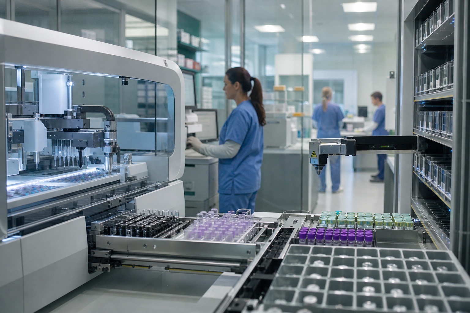 Hospital laboratory automation with robotic pipetting arms, sample conveyors, sealed analyzers, and technicians supervising.