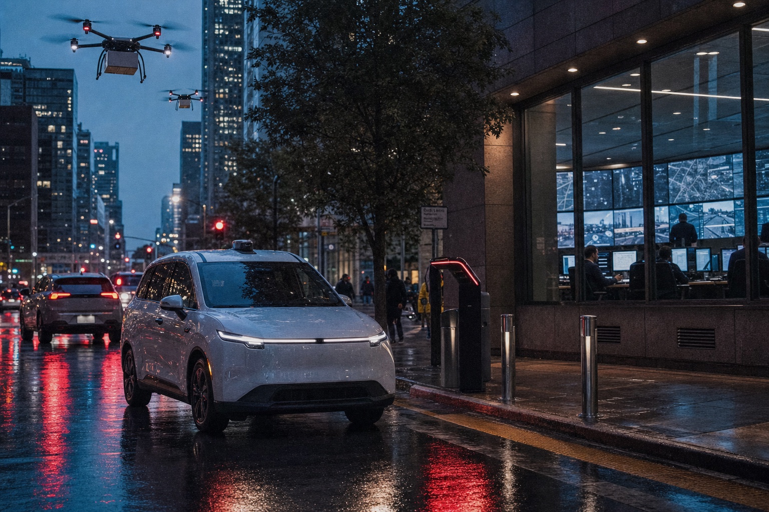 Autonomous vehicles and delivery drones operating on a rainy city street beside a dispatch room.