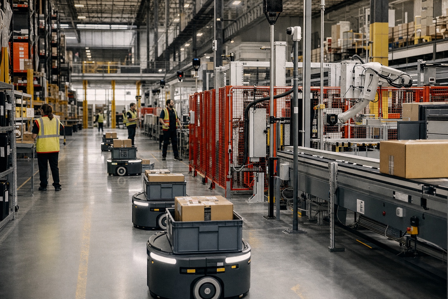 Warehouse automation floor with autonomous mobile robots, conveyor sensors, robotic arms, and workers in safety lanes.
