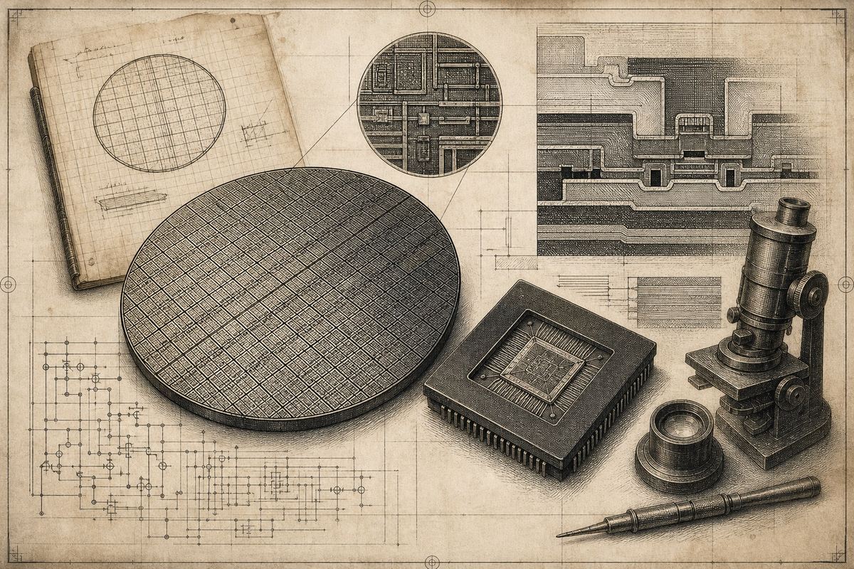 Engraved semiconductor plate with wafer forms, circuit traces, and laboratory archive paper.