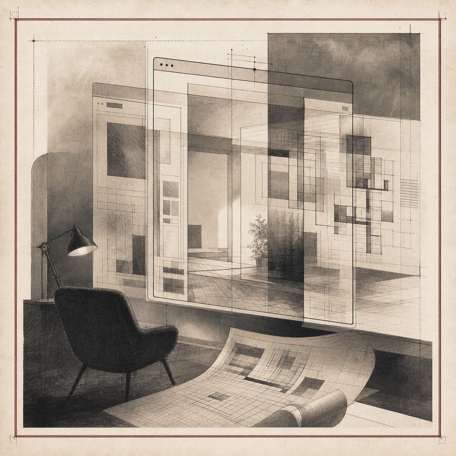 Old-print illustration of translucent interface panes merging with room plans, desk light, and screen geometry.