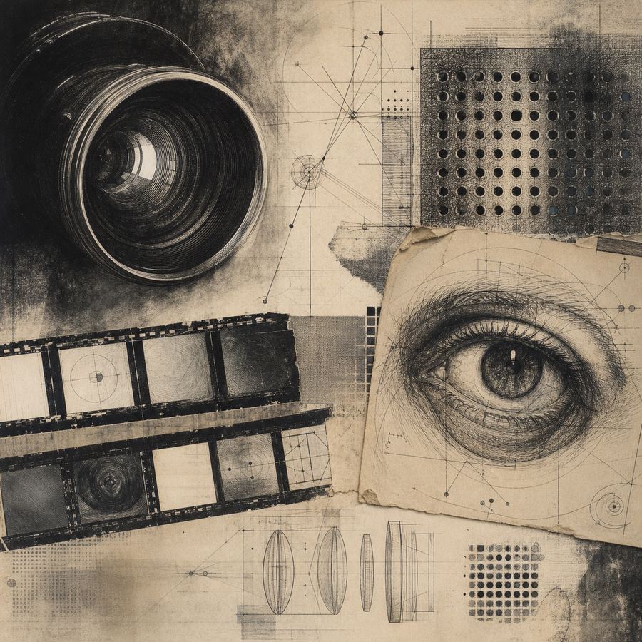 Archival illustration of a camera lens, optical diagrams, sensor fragments, and an anatomical eye study.