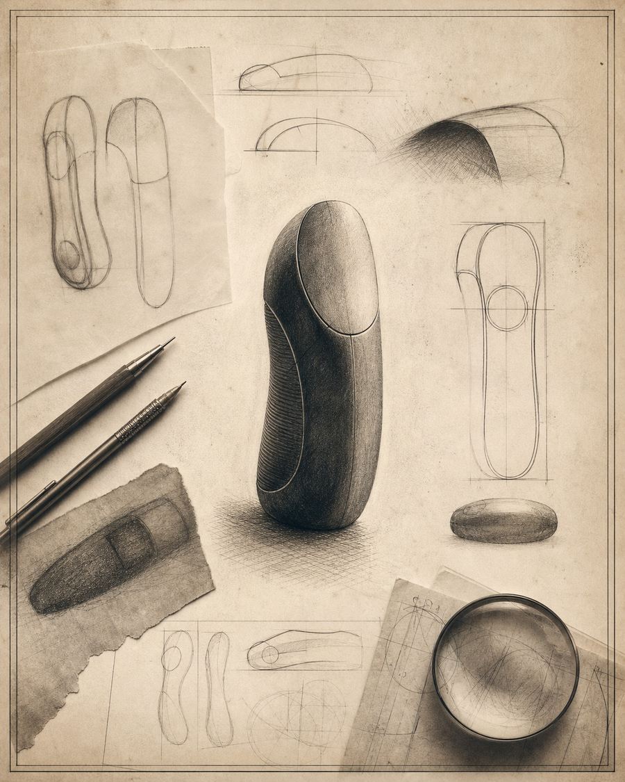 Charcoal product-design study of abstract handheld technology forms, drafting tools, and paper margins.