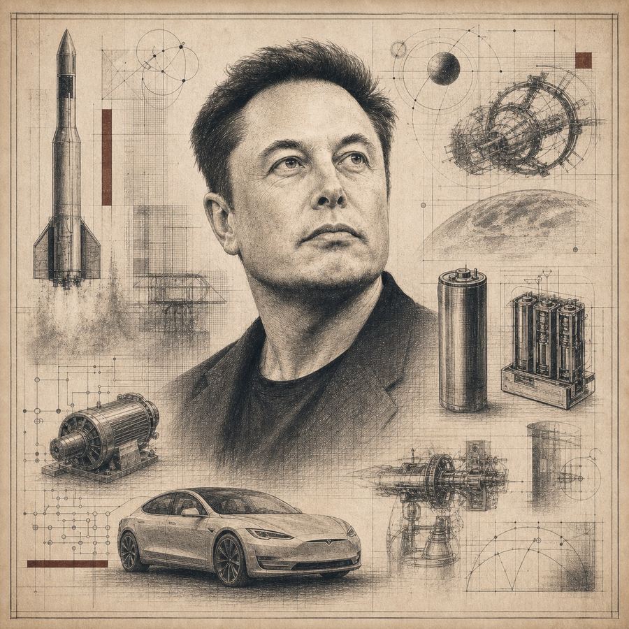 Etched portrait plate of Elon Musk with abstract rocket, electric motor, battery, and orbital engineering marginalia.