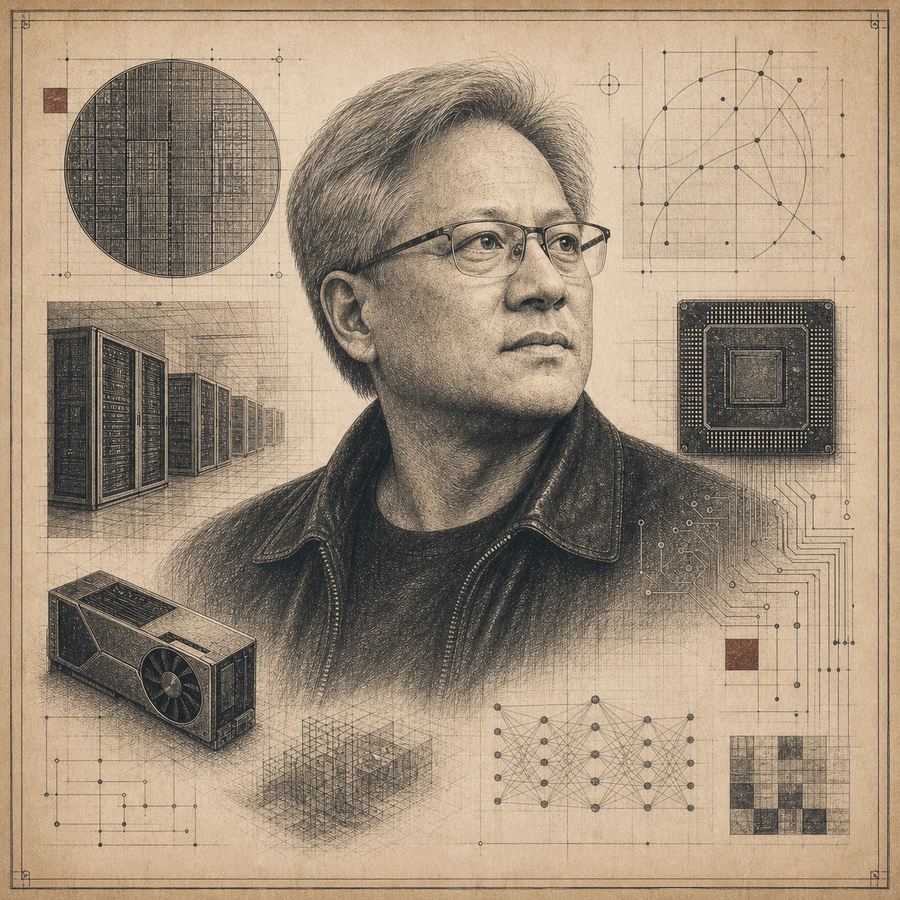 Etched portrait plate of Jensen Huang with abstract chip wafer, GPU package, circuit, and datacenter marginalia.