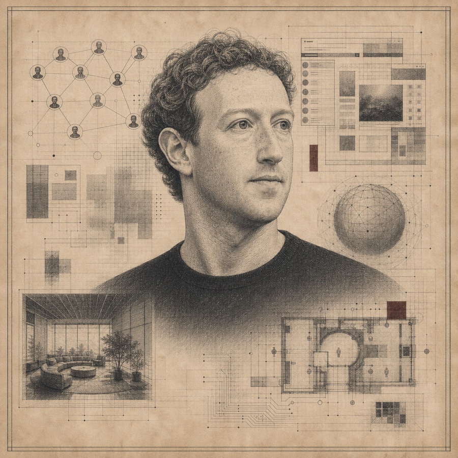 Etched portrait plate of Mark Zuckerberg with abstract social graph, interface grid, and immersive room-plan marginalia.