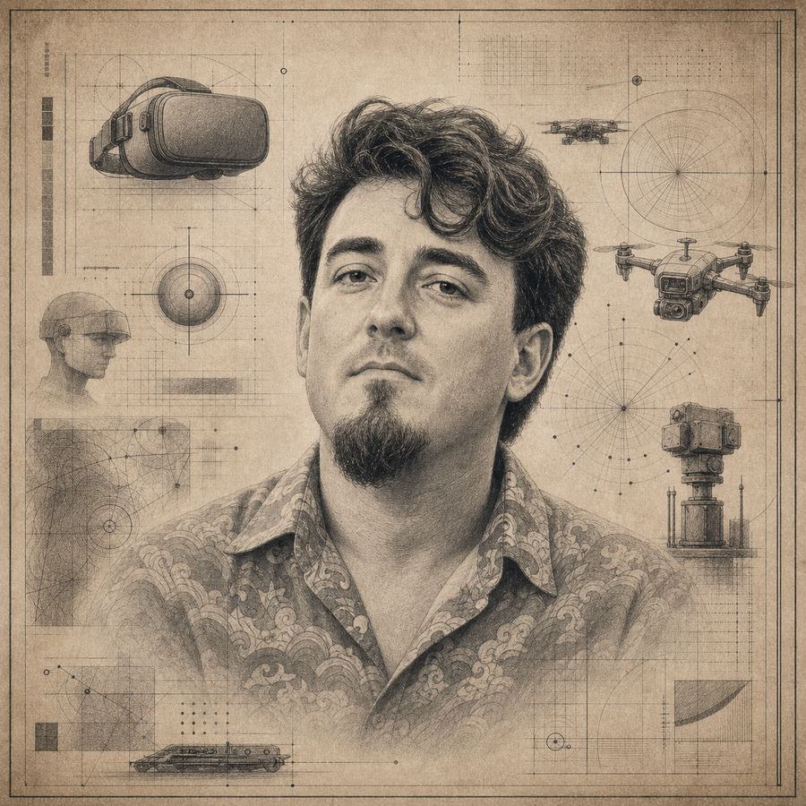 Etched portrait plate of Palmer Luckey with abstract VR headset, autonomous defense sensor, drone, and command-map marginalia.