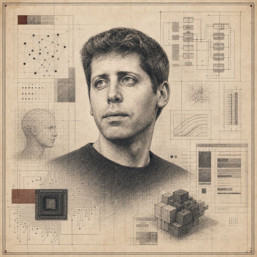 Etched portrait plate of Sam Altman with abstract AI systems, chips, and interface marginalia.