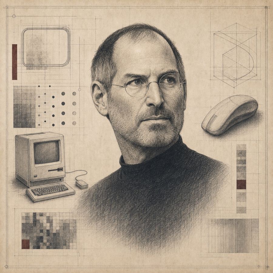 Etched portrait plate of Steve Jobs with abstract personal-computing and product-design marginalia.