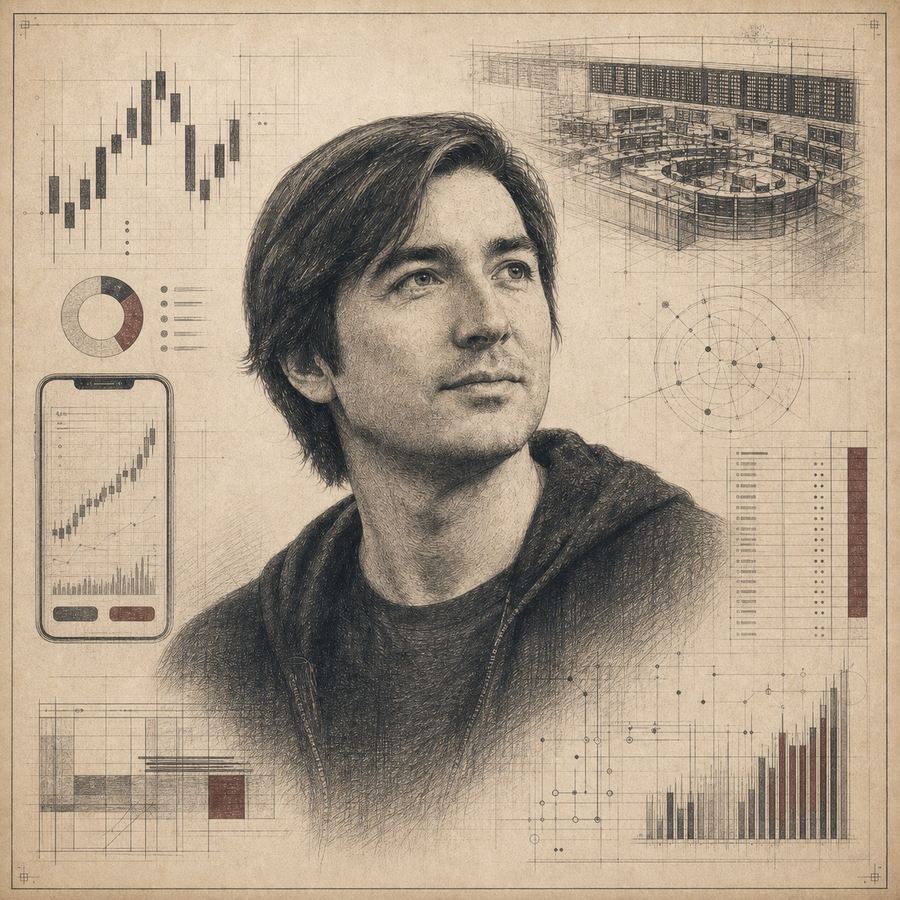 Etched portrait plate of Vlad Tenev with abstract retail finance, chart, phone interface, and market-ledger marginalia.
