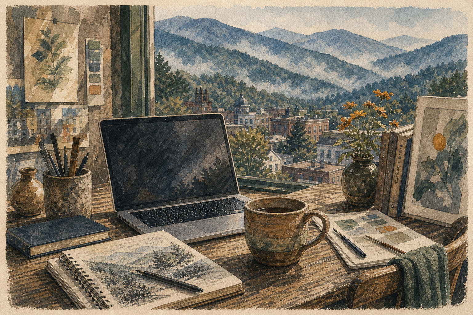 Asheville artsy mountain cafe workspace with laptop, ceramic mug, sketchbook, and Blue Ridge view.