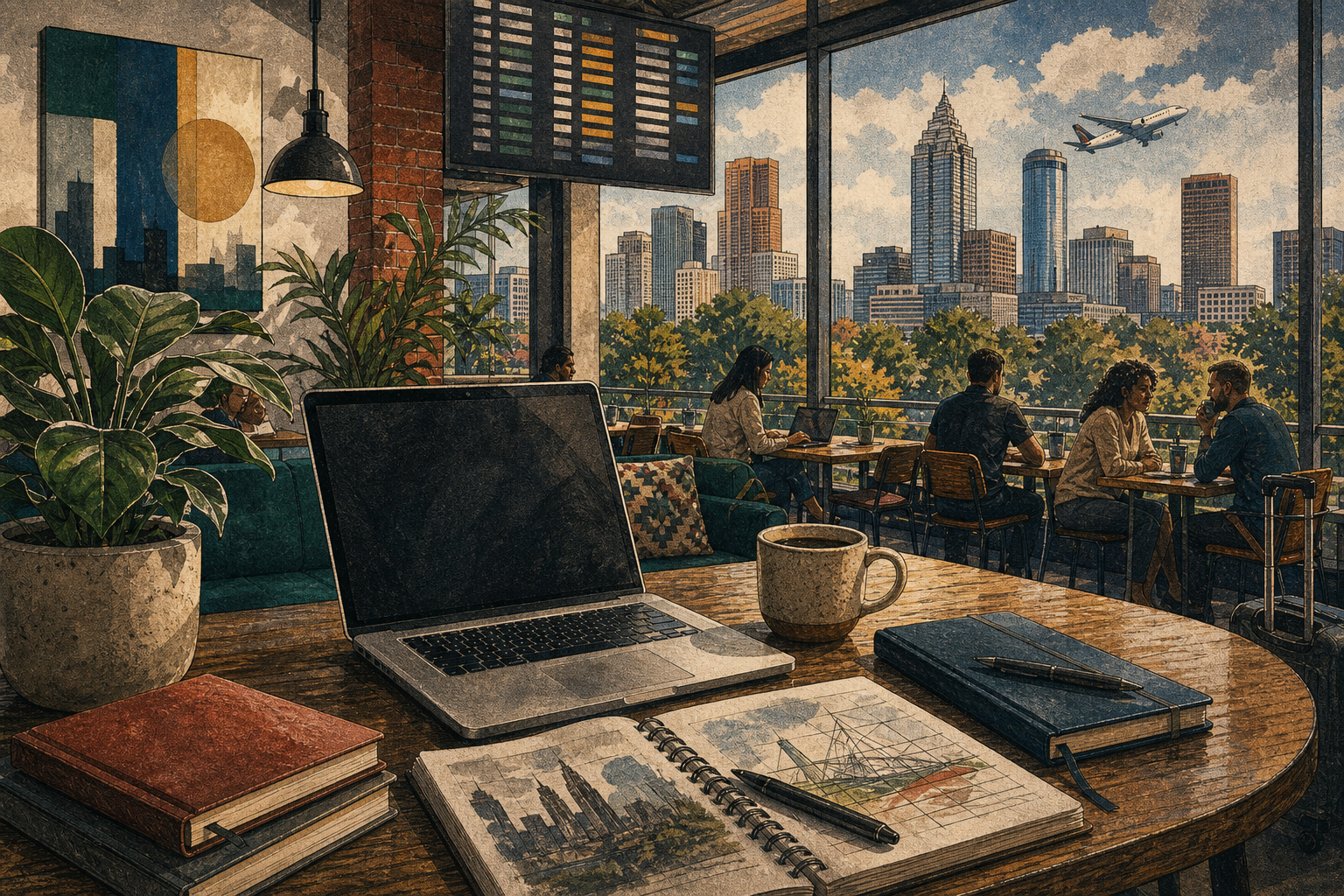 Atlanta coworking lounge with laptop, plants, skyline silhouette, and transit cues.