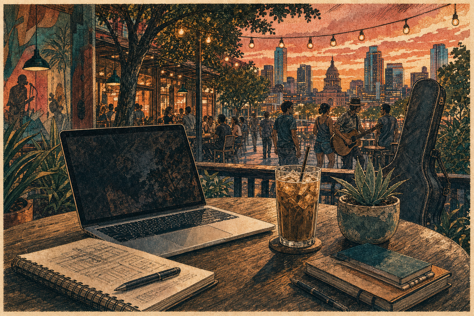 Austin patio workspace with laptop, iced coffee, warm street glow, and music-culture shapes.