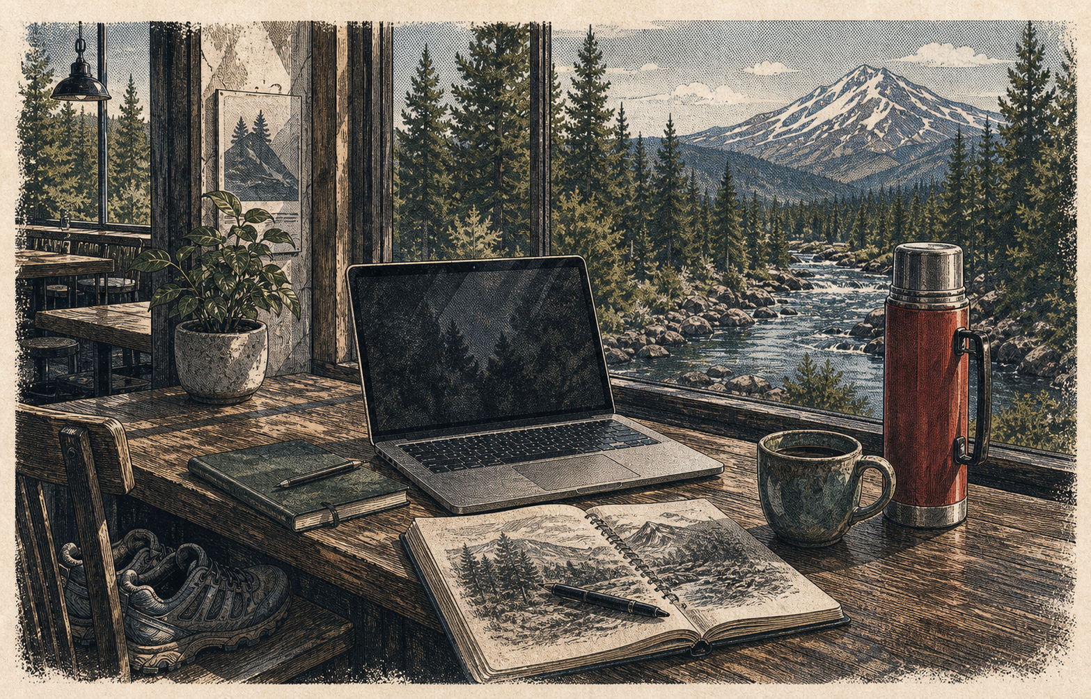 Bend Oregon remote work table with laptop, thermos, trail shoes, forest, and volcanic mountain silhouette.