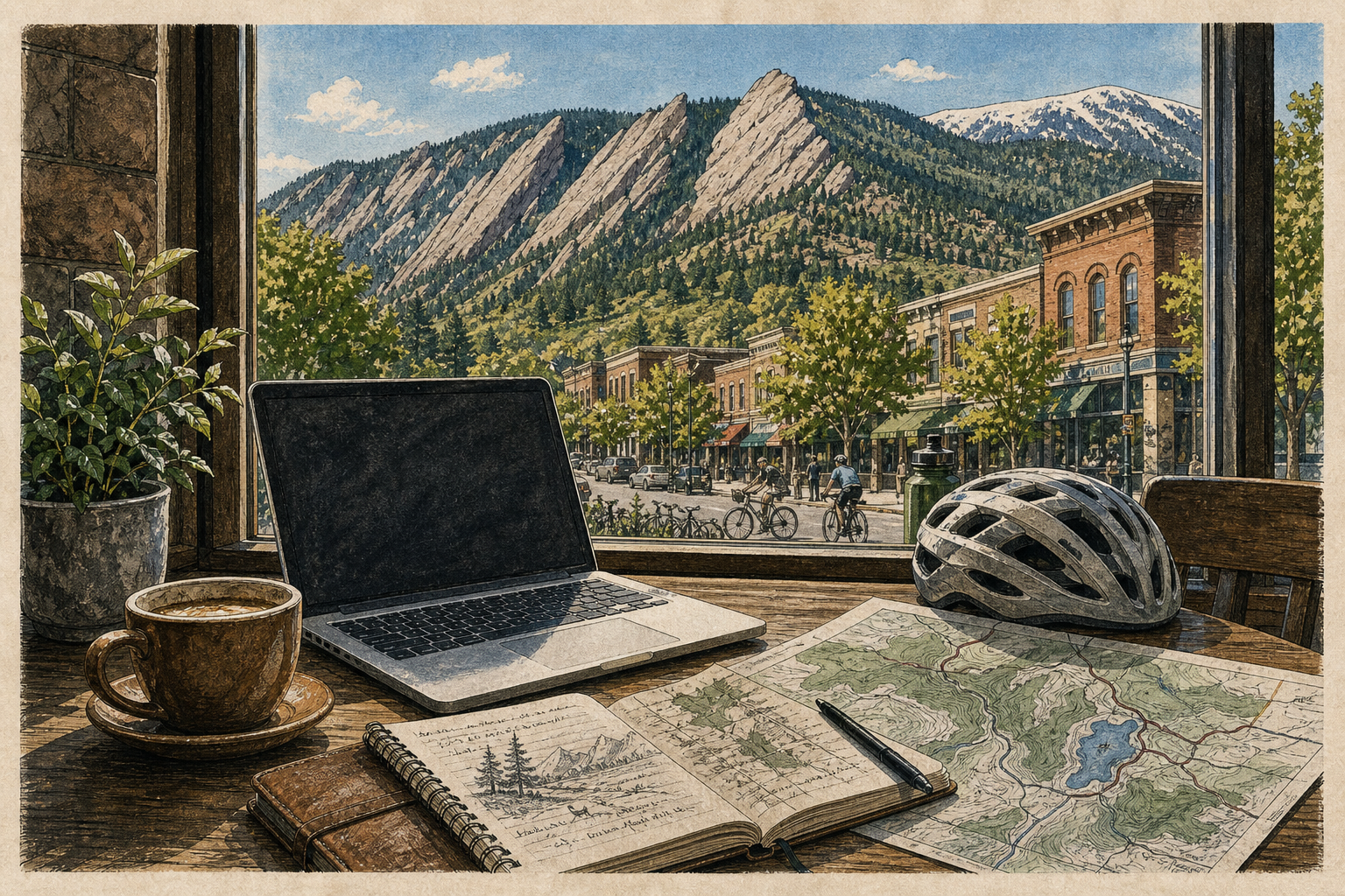 Boulder cafe workspace with laptop, cycling helmet, trail map, and mountain forms outside.