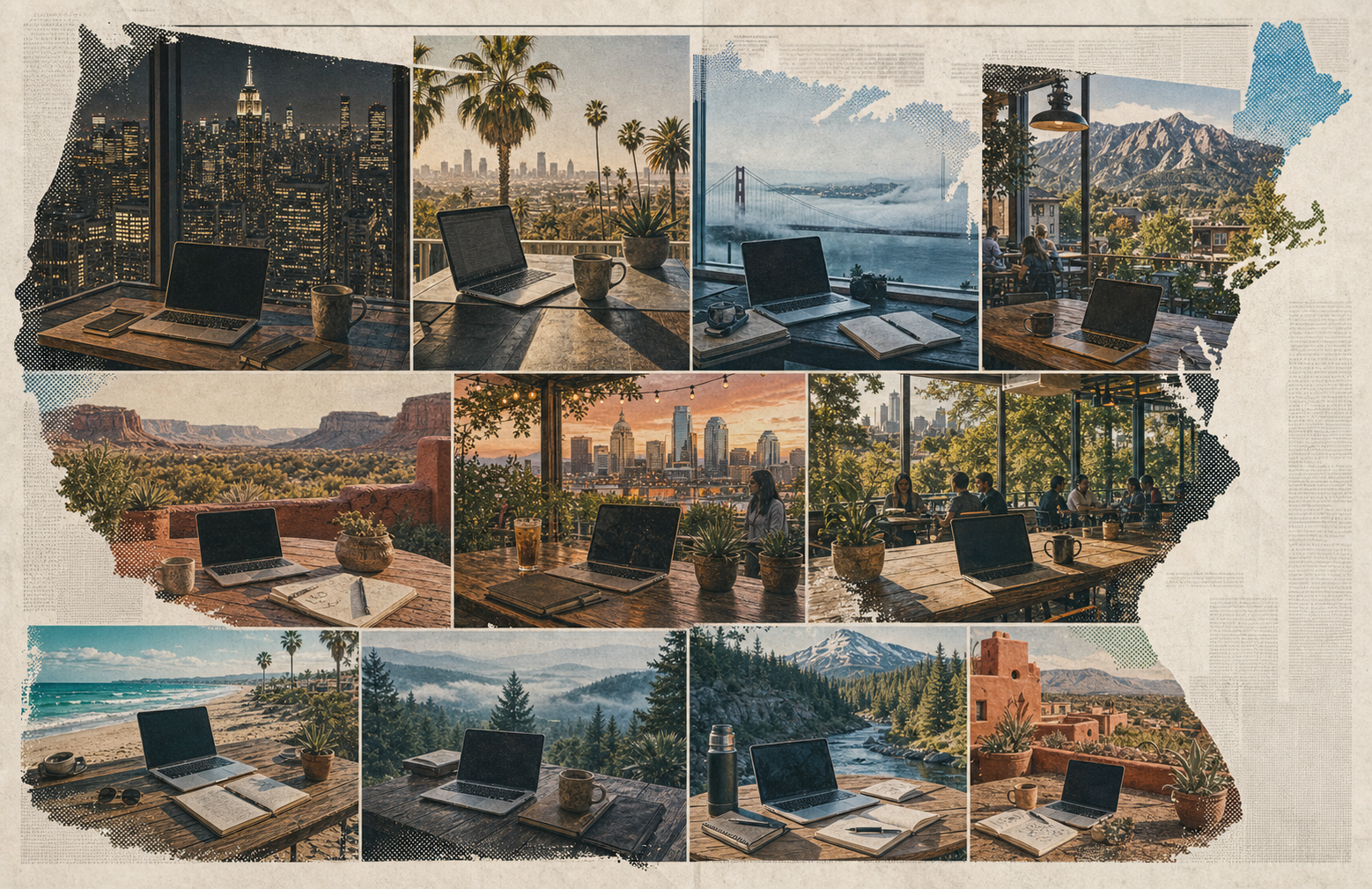 Editorial collage of remote work scenes across the United States.