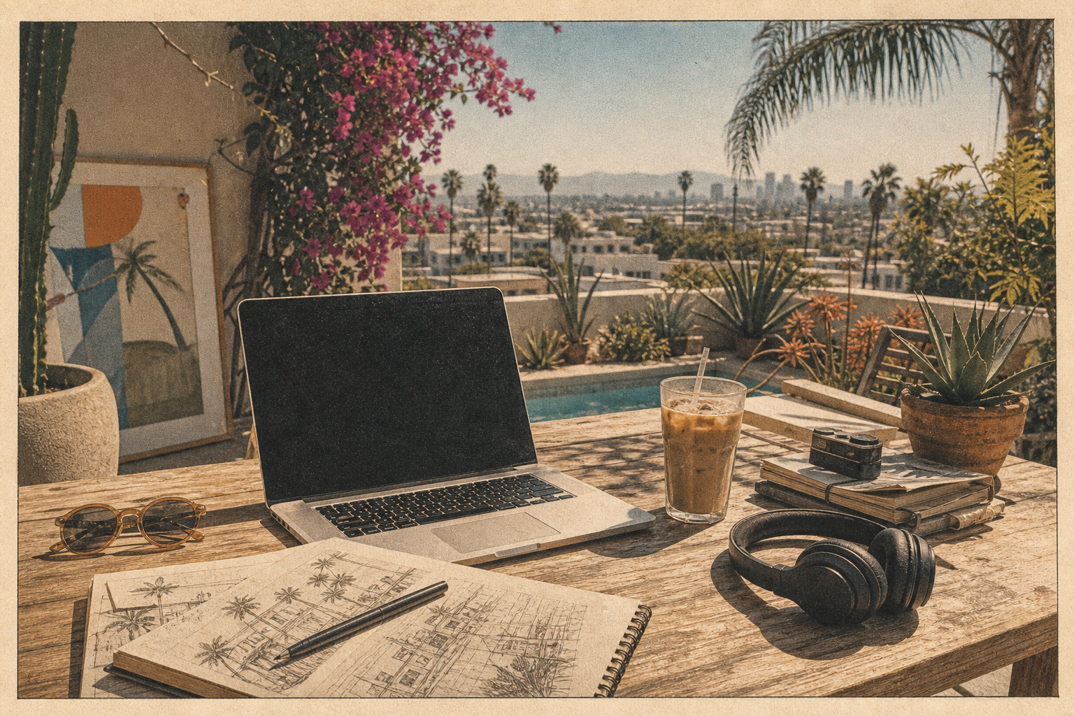 Los Angeles outdoor patio workspace with laptop, sketchbook, palms, and sun-washed hills.