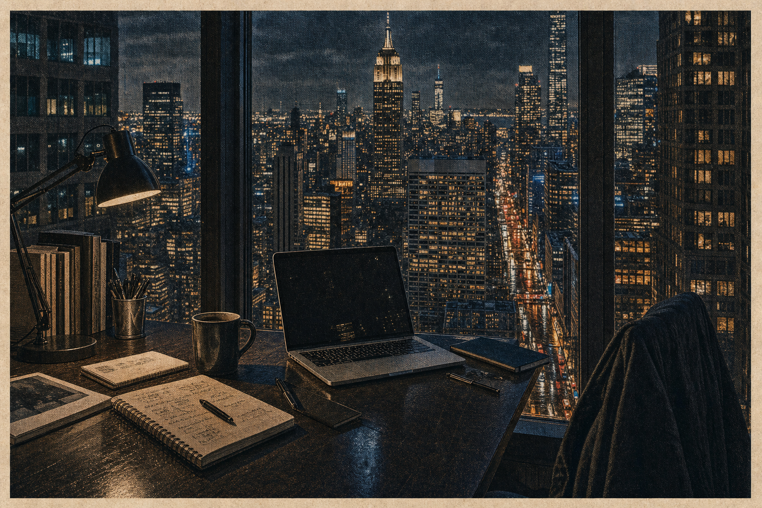 Remote work desk by a tall New York City window with skyline lights and rain-dark reflections.