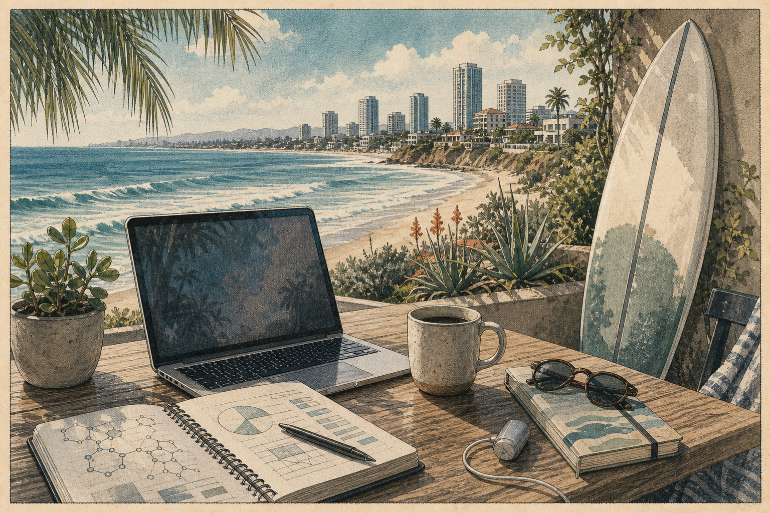 San Diego coastal laptop workspace with coffee, surfboard, and ocean horizon.