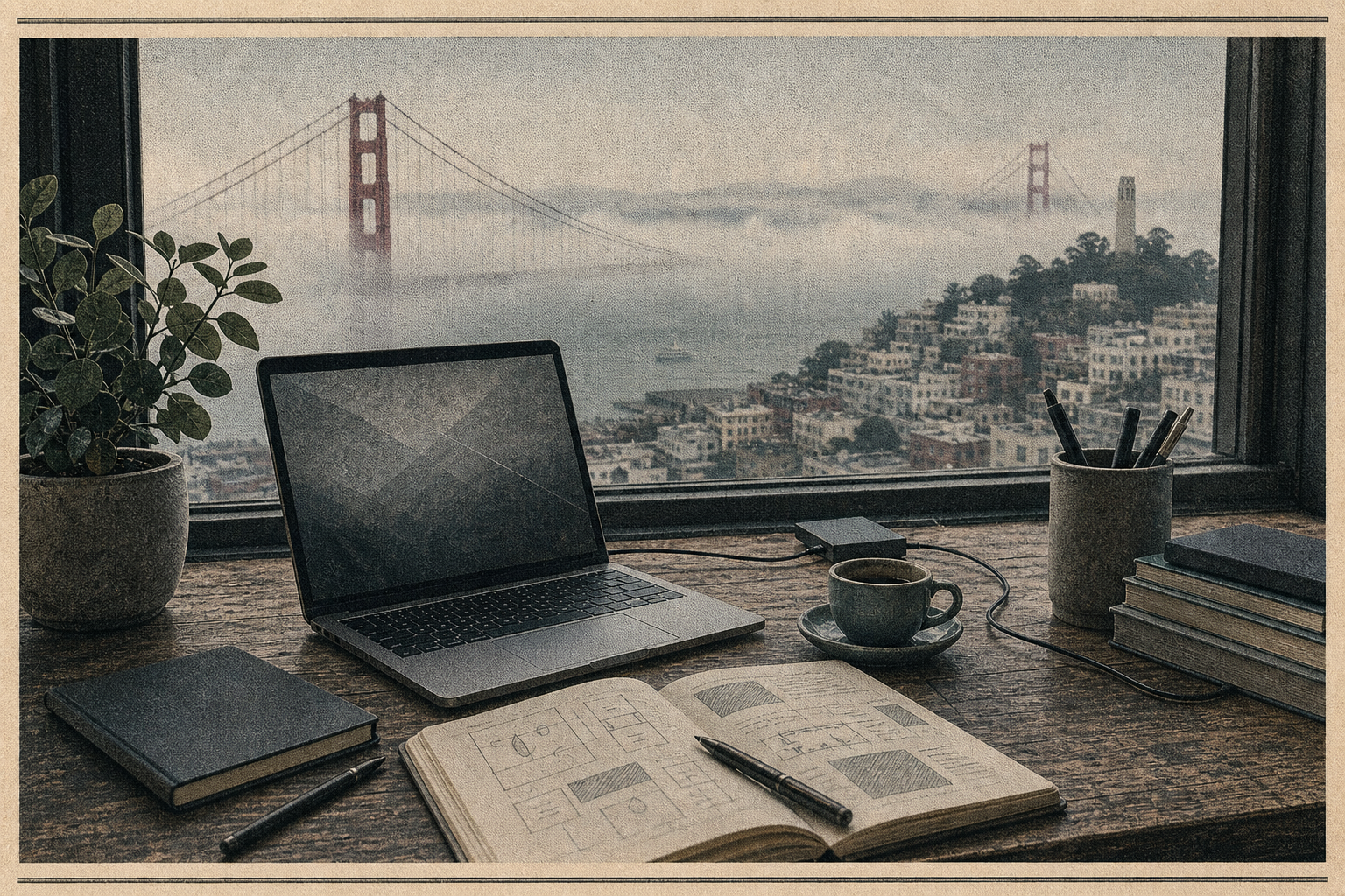 San Francisco laptop workspace by a foggy bay window with bridge forms and cool morning light.