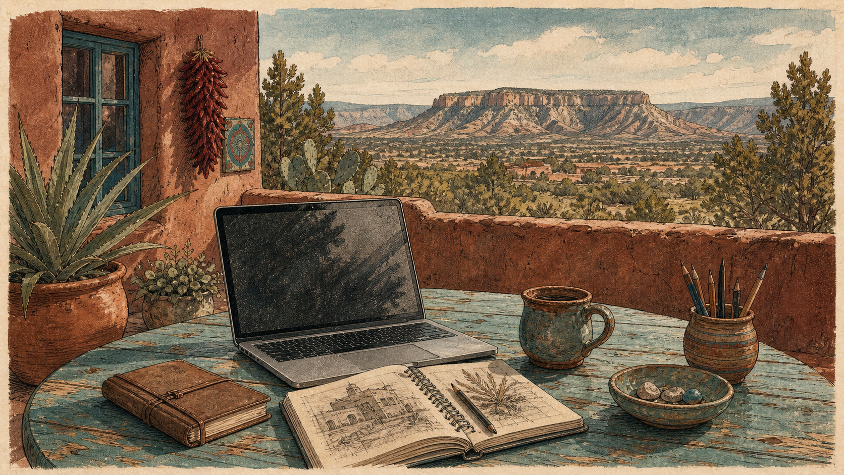 Santa Fe adobe courtyard remote-work desk with laptop, ceramic cup, sketchbook, desert plants, and distant mesas.