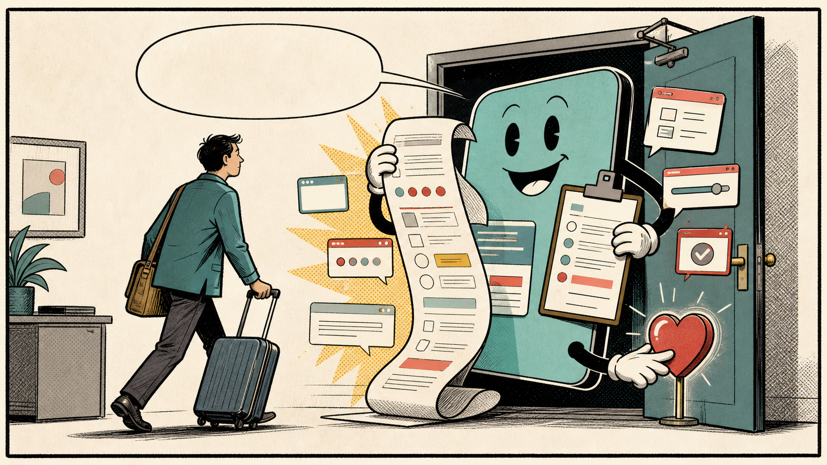 Editorial comic of a person with a suitcase trying to leave while a cheerful phone-shaped app blocks the door with forms, pop-ups, and a heart button