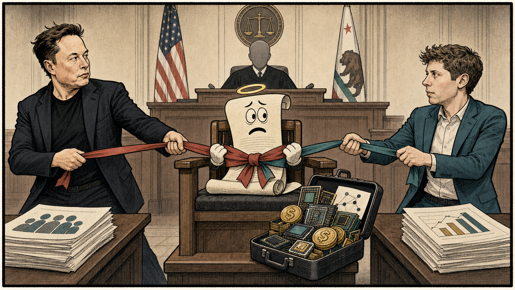 Editorial cartoon of caricatured Elon Musk and Sam Altman tugging on ribbons around a nervous mission-statement scroll in a courtroom