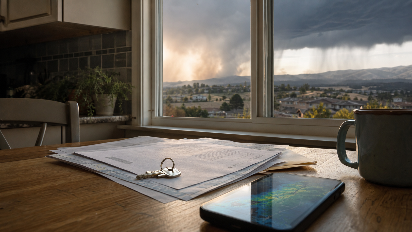 AI-generated photorealistic editorial image of a homeowners insurance renewal packet and house key on a kitchen table, with storm and wildfire light outside.