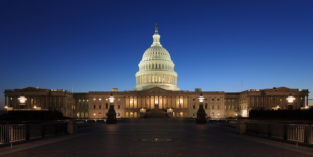 The U.S. Capitol dome lit at night in Washington, D.C.