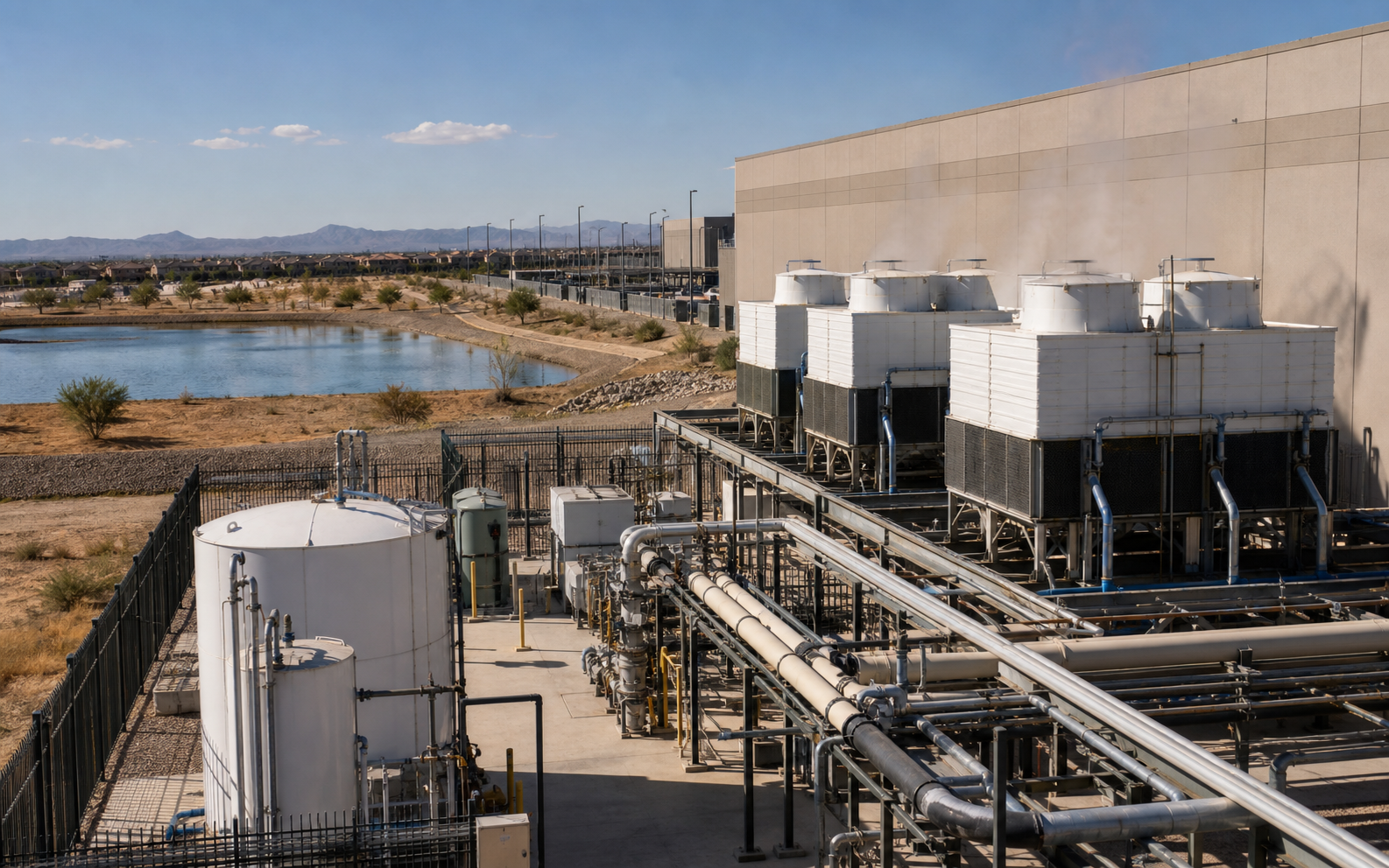 Data-center cooling equipment, pipes and retention basin