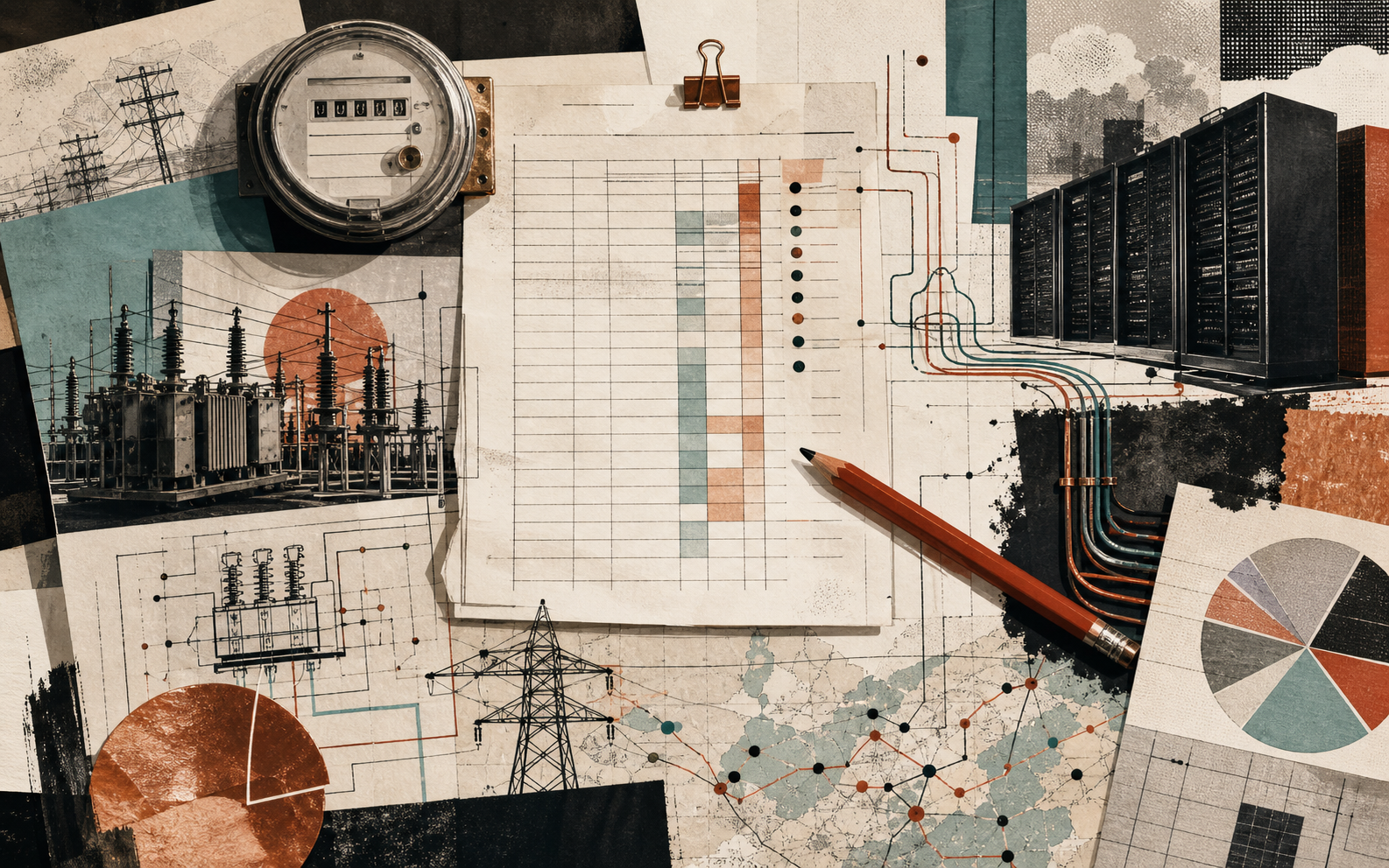Grid ledger collage with meter, substation drawings and server racks