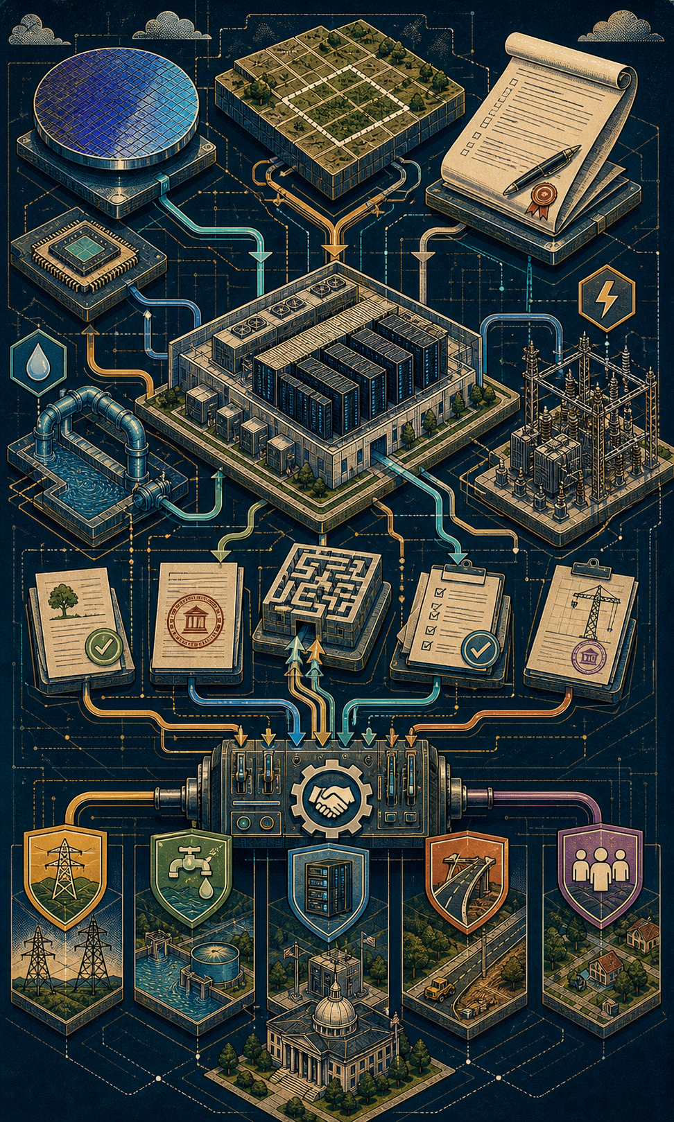 Illustrated procurement-system poster connecting chips, land parcels, data-center modules, substations, water pipes, contracts, and permits.