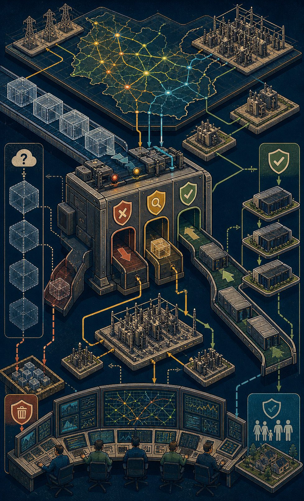 Illustrated infographic poster of a grid-operator project queue sorting speculative data-center requests from committed load blocks.