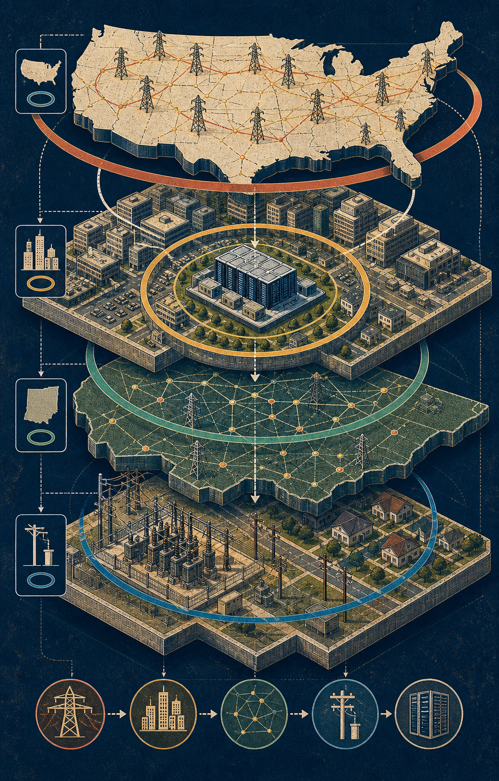 Illustrated infographic poster of nested electricity denominator layers, maps, grid scale rings, substations, and a data-center block.