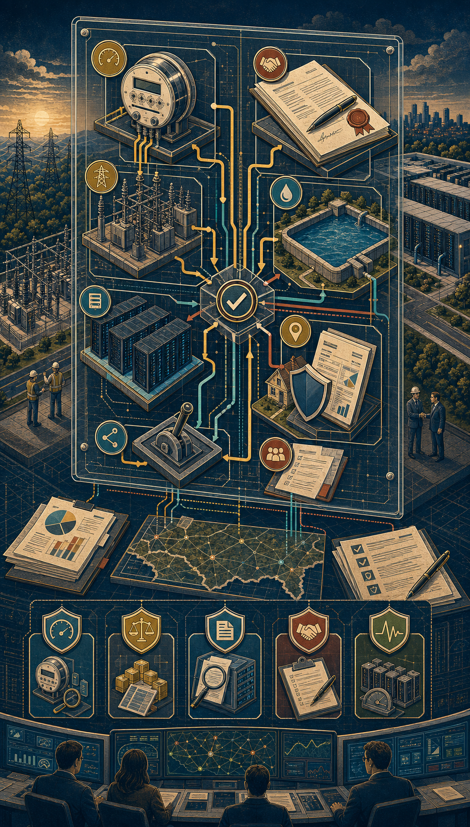 Illustrated proof-before-power systems poster connecting a meter, contract, water basin, substation, server rack, parcel map, flexibility switch, and household bill shield.